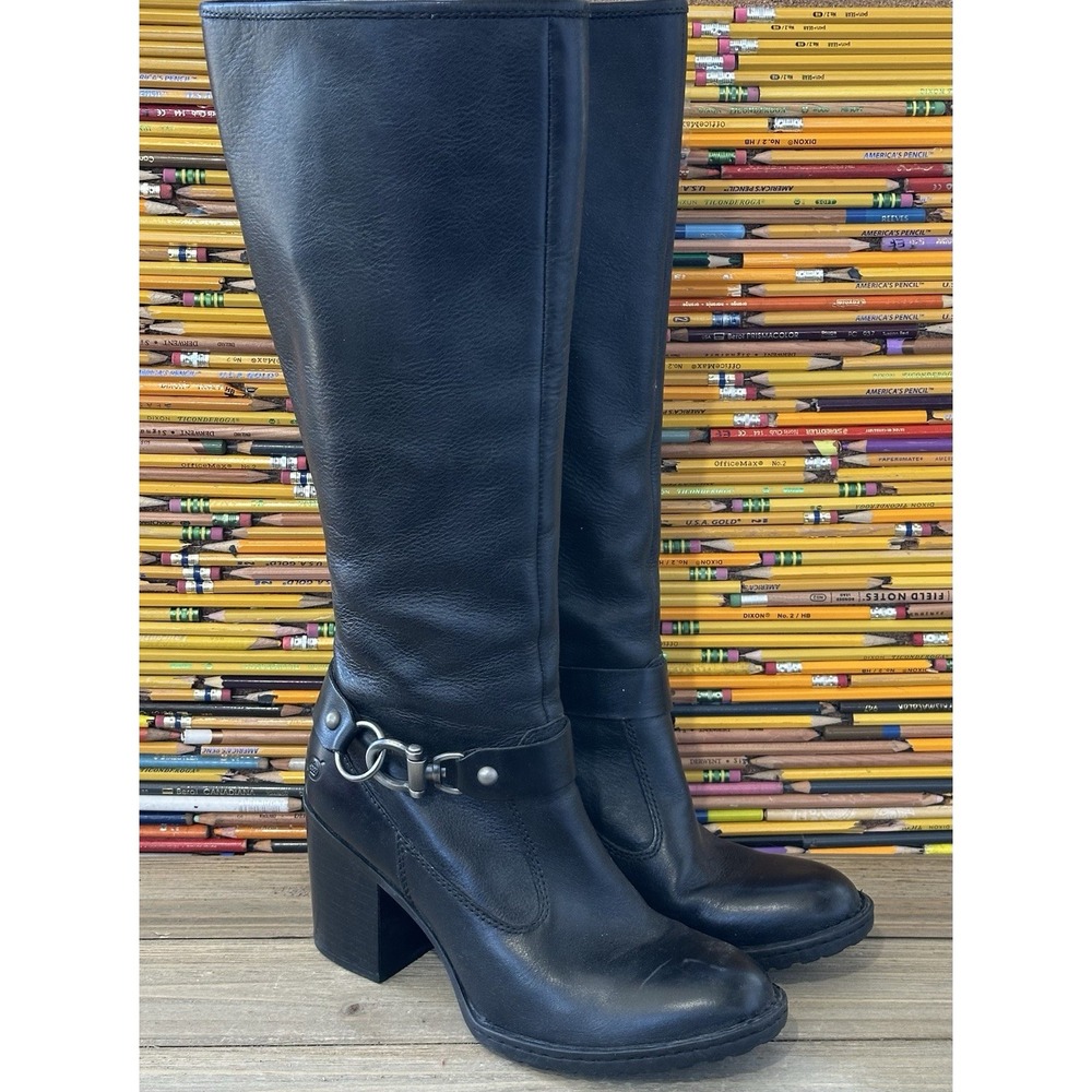 Born Tall Buckle Harness Boots Leather Knee High Womens 8 Black Excellent